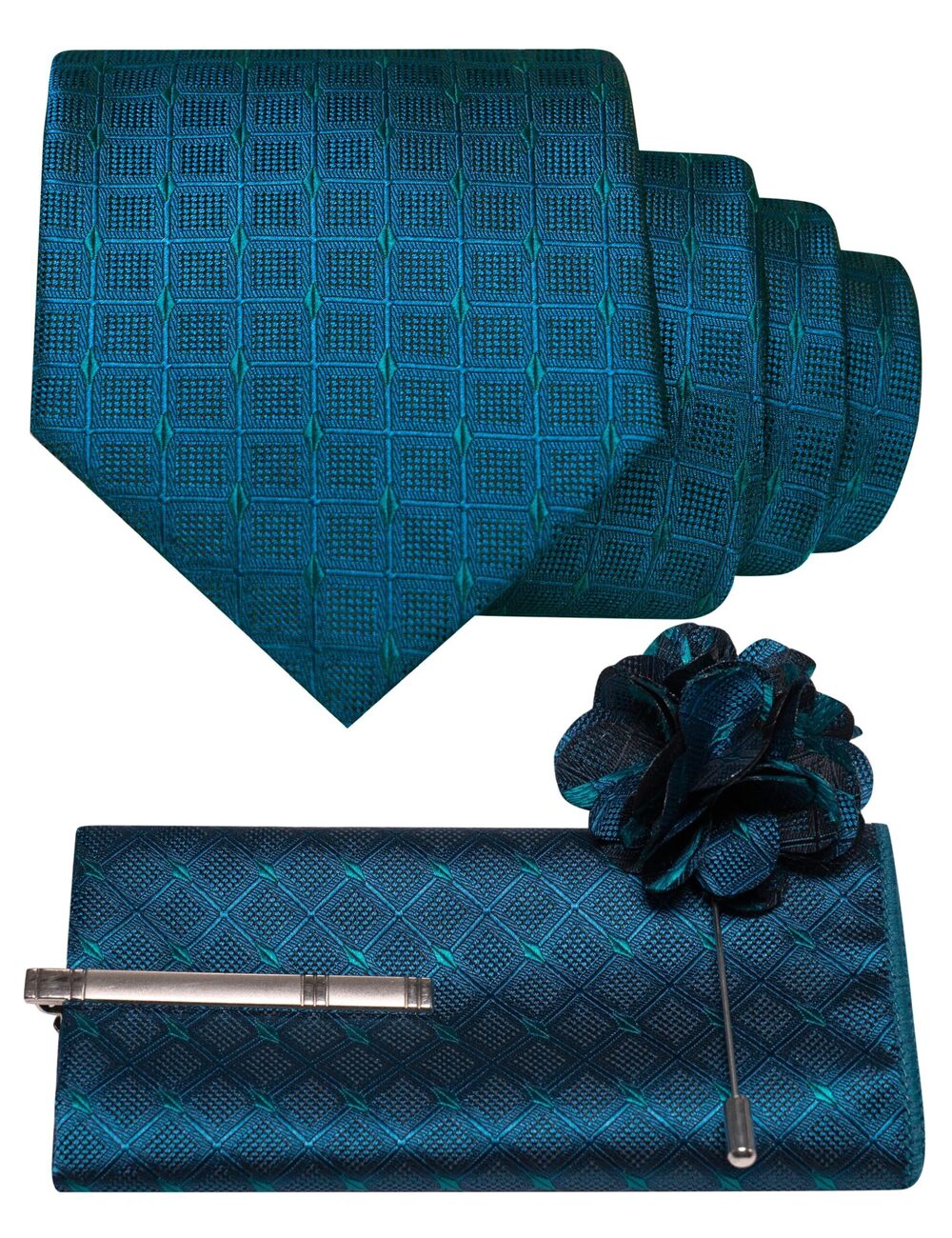 3868 Plaid Checkered Teal Blue Ties Necktie and Pocket Square with Tie Clip